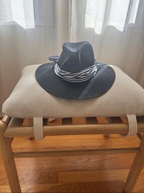 Badgley Mischka Black Straw Fedora with Black & White Band